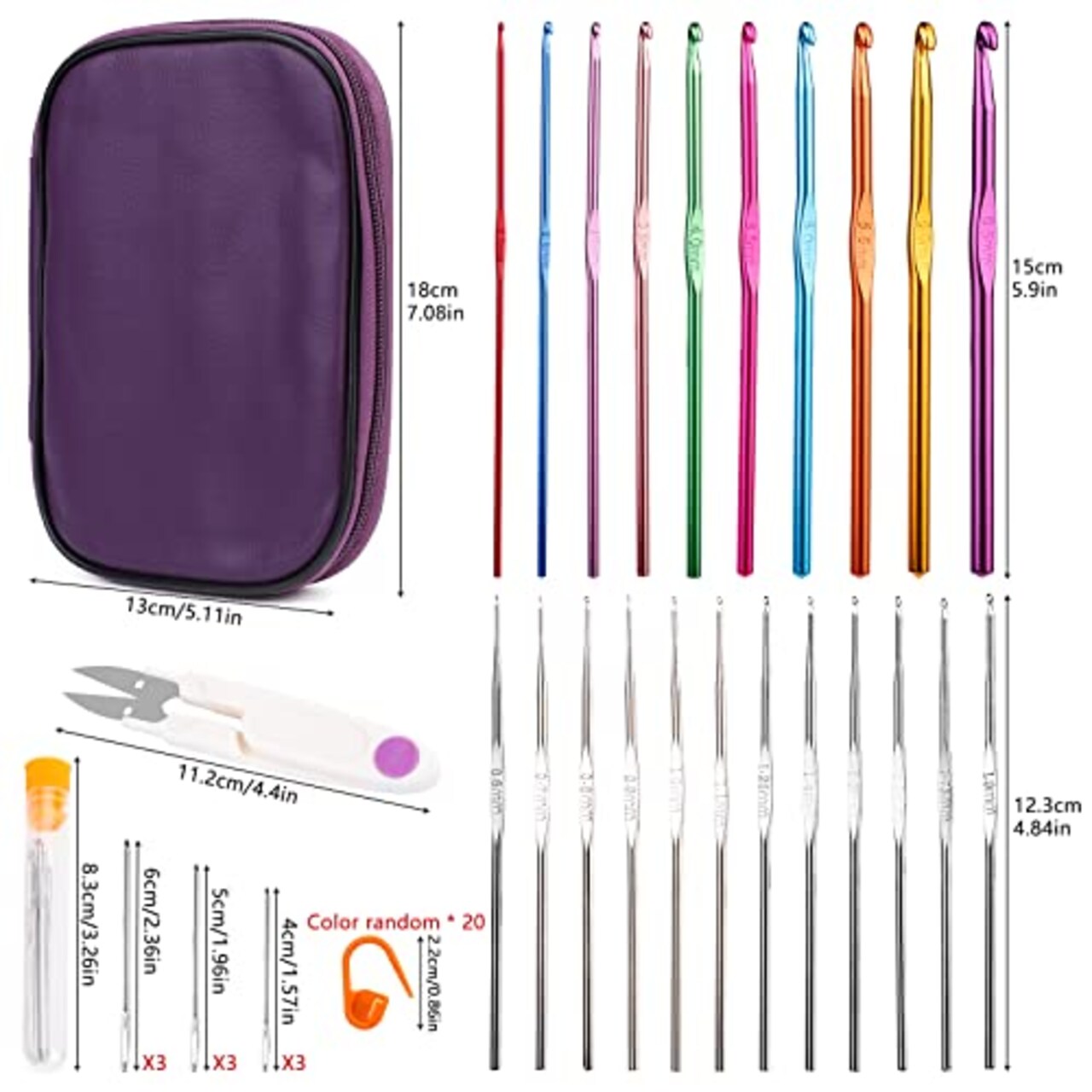 54 Pieces Crochet Needles Set, Crochet Hooks Kit with Purple Storage Case, Ergonomic Knitting Needles Blunt Needles Stitch Marker DIY Hand Knitting Craft Art Tools for Beginners